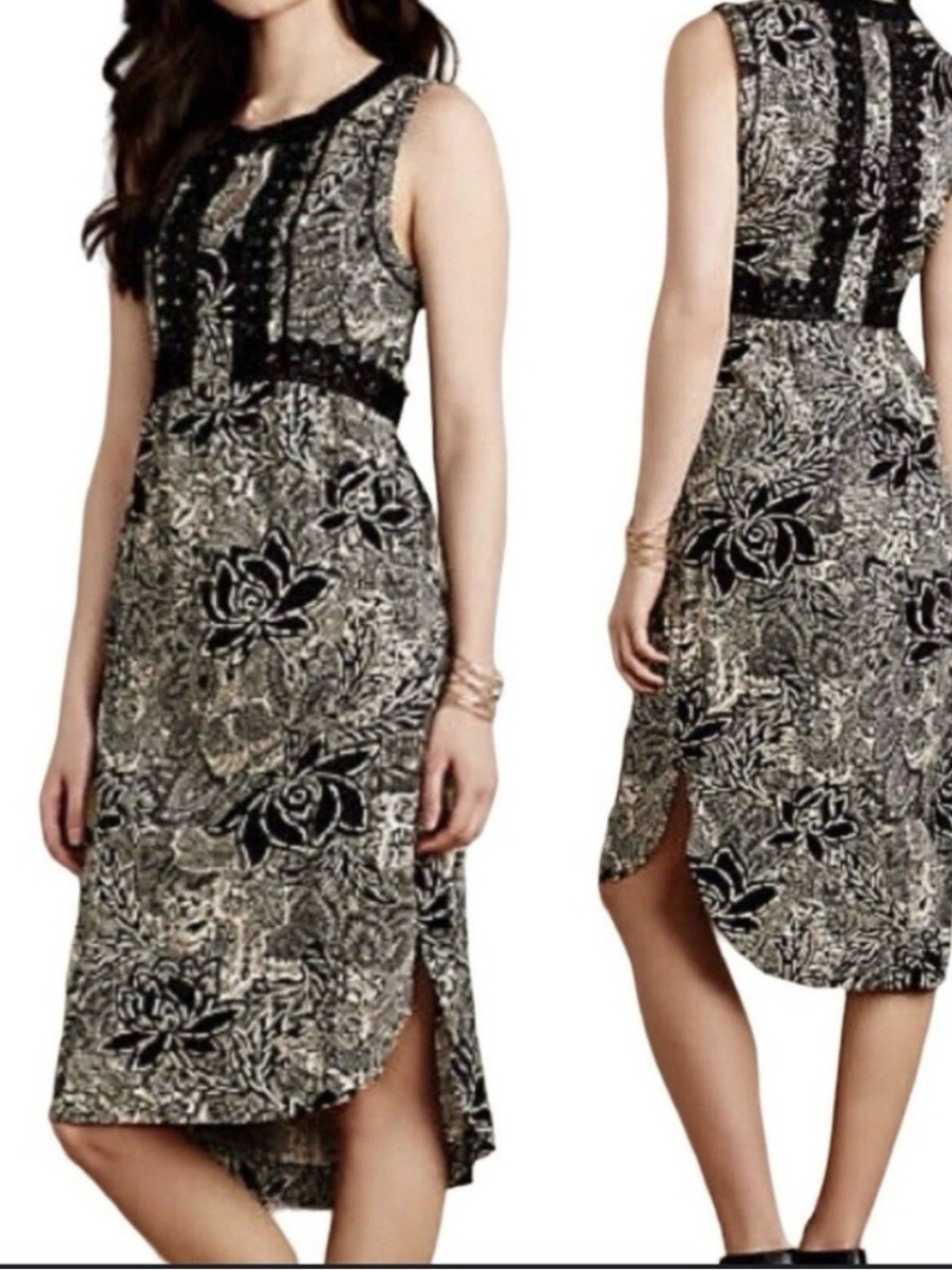 Anthropologie Holding Horses Suraja‎ Midi Dress Floral Black Beige Boho Size 4